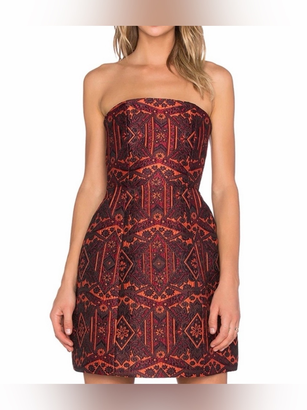 Alice + Olivia Nikki Structured Jacquard Strapless Mini Dress 0 Tribal Brocade